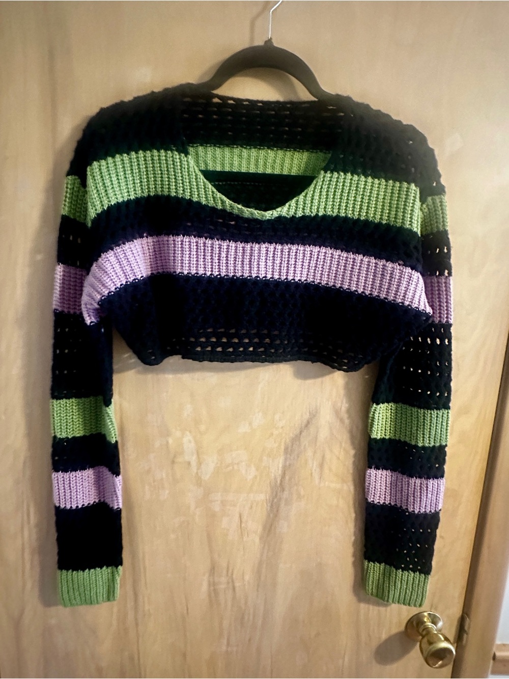 Hot Topic Black, Green & Lavender Cropped Striped Open-Knit Sweater